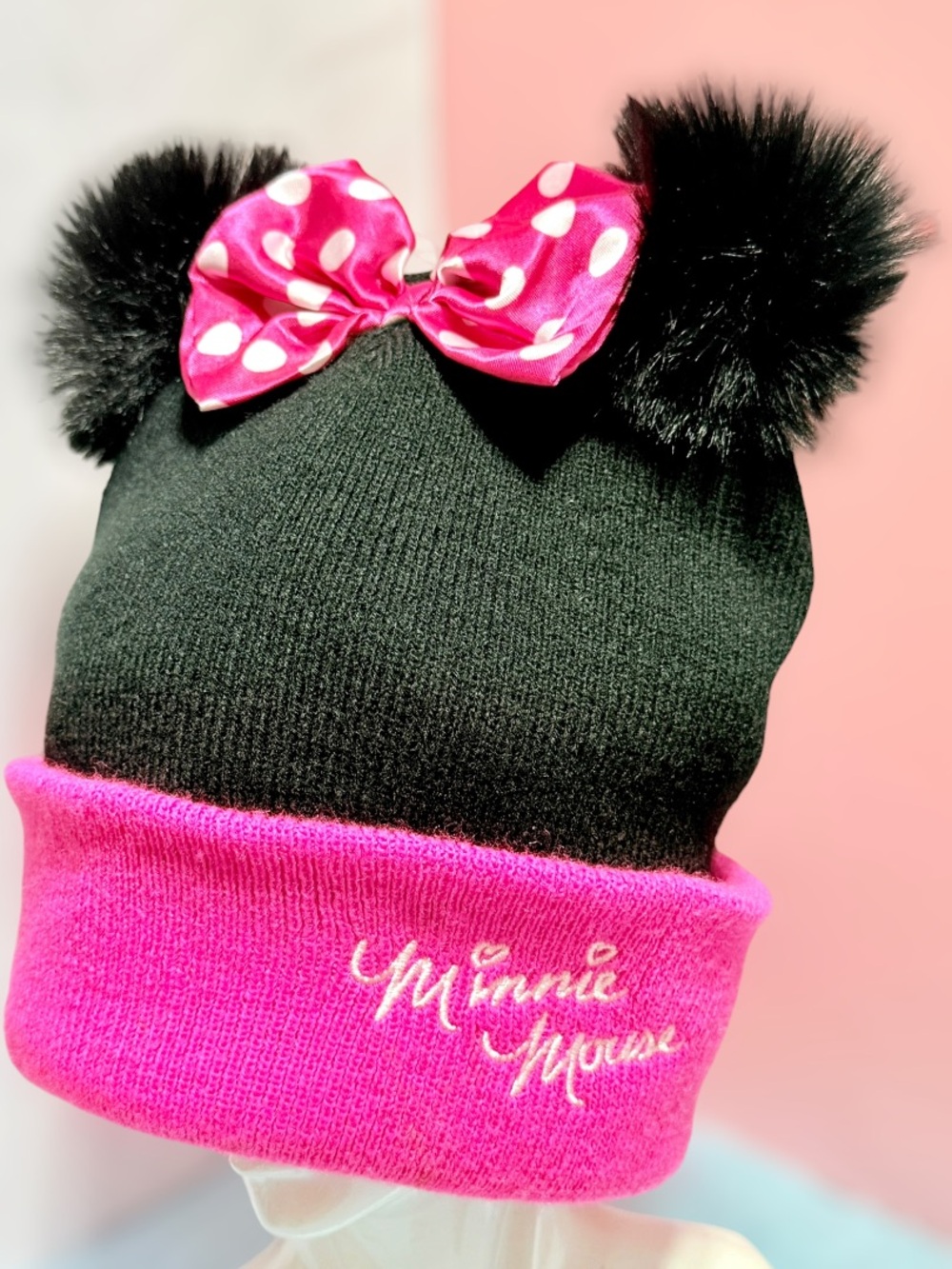 Disney BoxLunch Exclusive Minnie Mouse Beanie Hat Pom Ears Bow Girls Pink Black